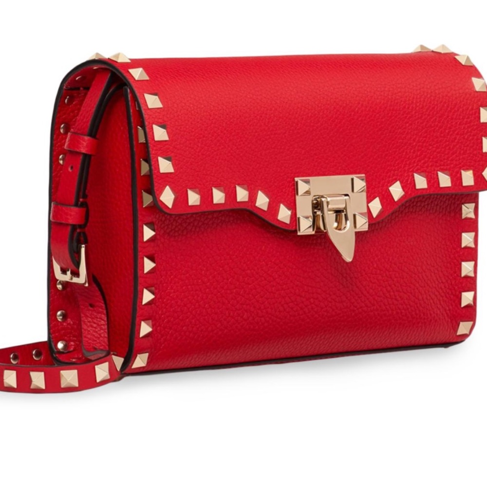 Valentino Garavani Rockstud grainy calfskin crossbody bag RED